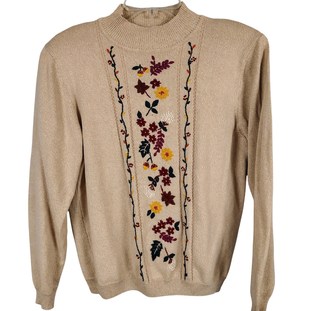 Alfred Dunner Womens L Floral Embroidered Mock Neck Sweater Tan Cottagecore Fall